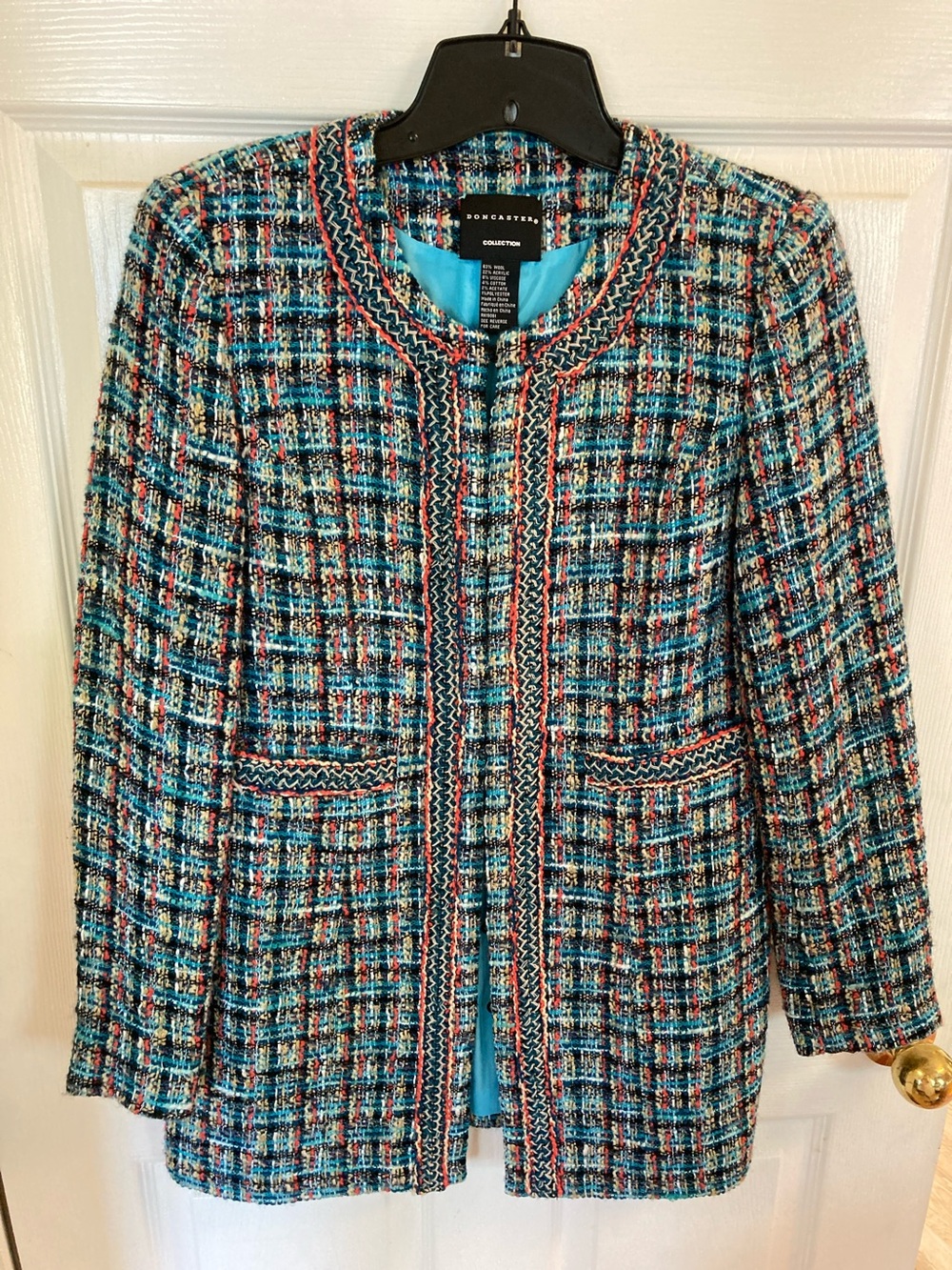 Doncaster Turquoise & Coral Multi-Color Tweed Blazer with Trim
